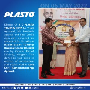 Amount of 10 Lakh Donated To Rashtrasant Tukdoji Regional Cancer Hospital on 6th May, 2022.